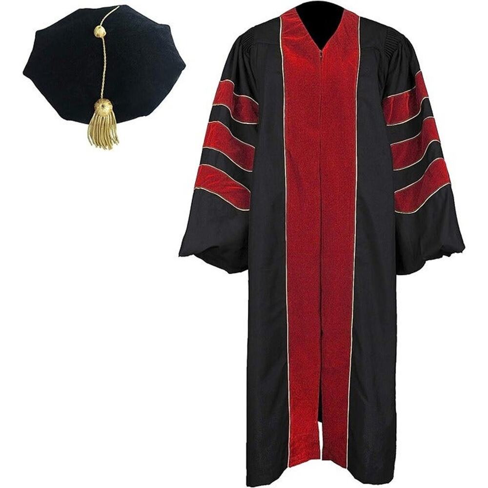 Deluxe Doctoral Graduation Gown & 8-Side Tam Package, Gold Piping PhD Unisex 48"